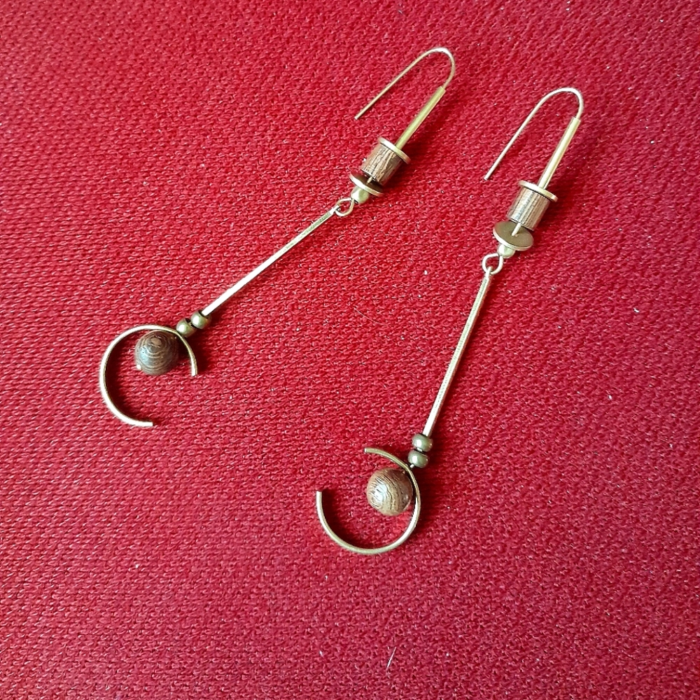 Long C Curve Earrings - Wood on Brass